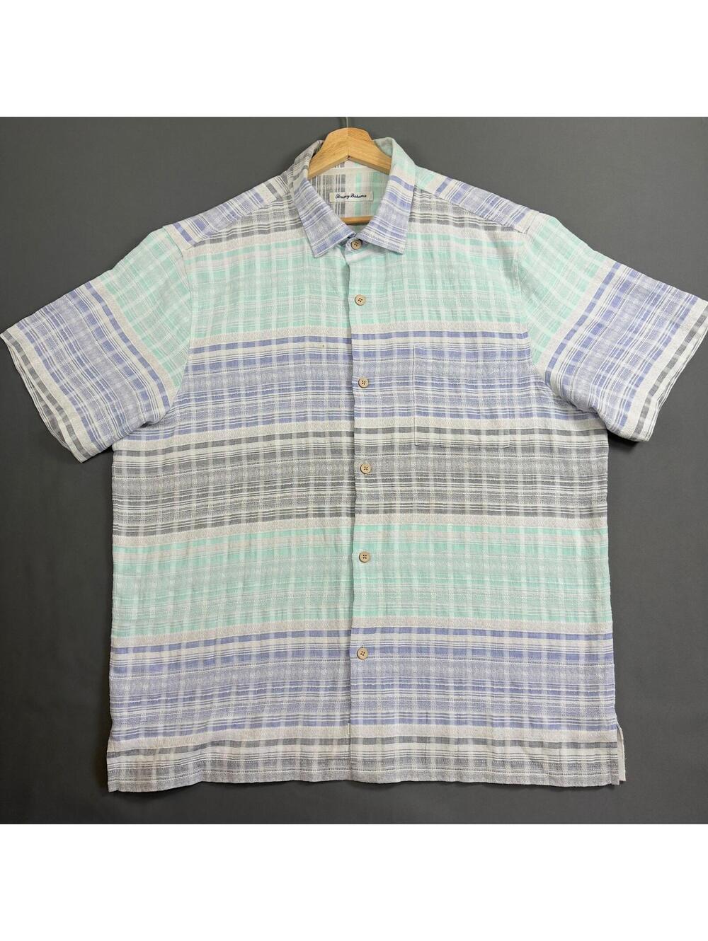 Tommy Bahama Plaid Blue Green Gray Short Sleeve Polo Shirt‎ Pale Blue XL